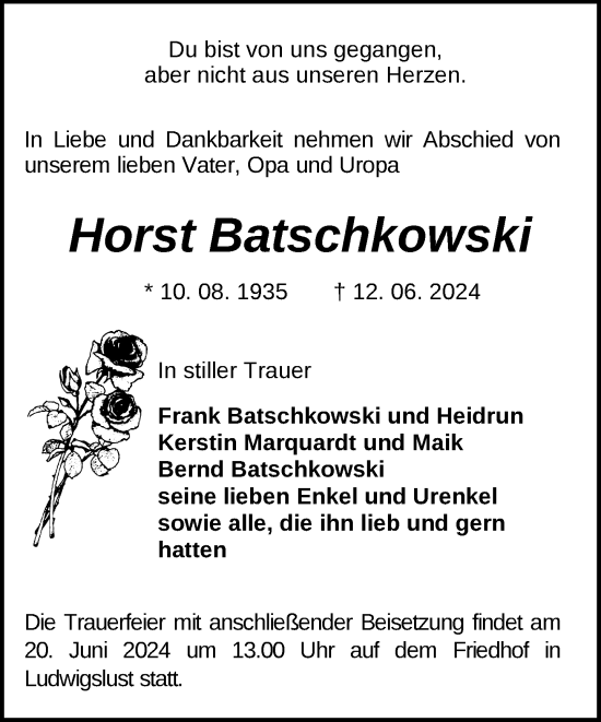 Traueranzeige von Horst Batschkowski von Ludwigsluster Tageblatt