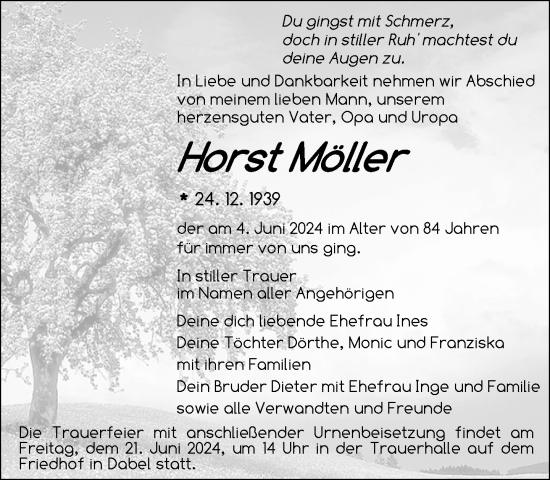 Traueranzeige von Horst Möller von Anzeiger für Sternberg - Brüel - Warin