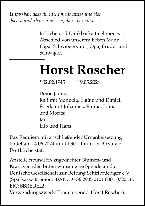 Traueranzeige von Horst Roscher 