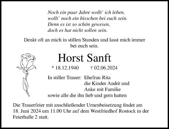 Traueranzeige von Horst Sanft 