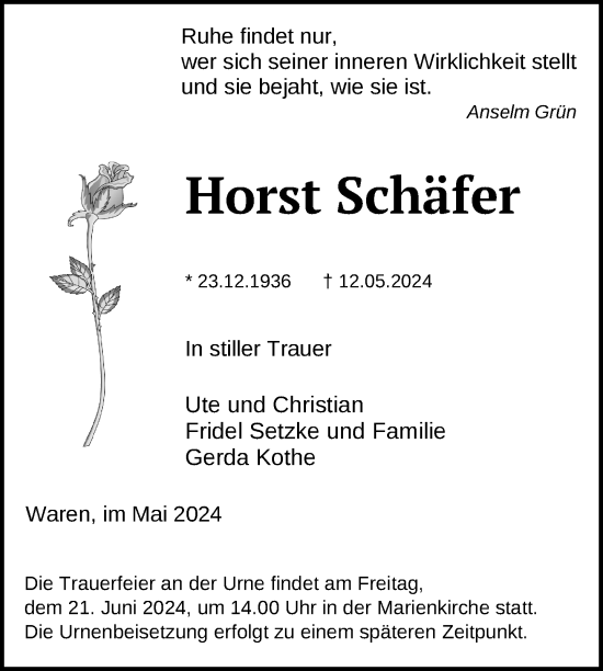 Traueranzeige von Horst Schäfer von Nordkurier Müritz-Zeitung