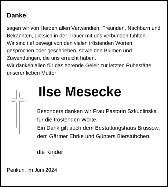 Traueranzeige von Ilse Mesecke von Nordkurier Pasewalker Zeitung