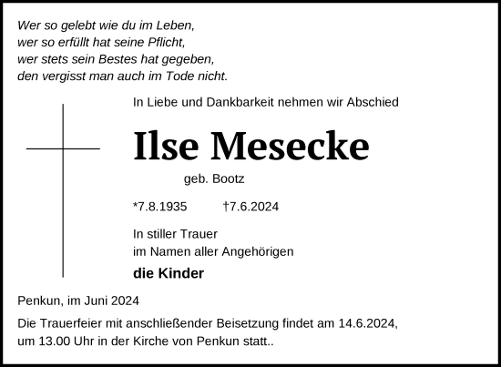 Traueranzeige von Ilse Mesecke von Nordkurier Pasewalker Zeitung