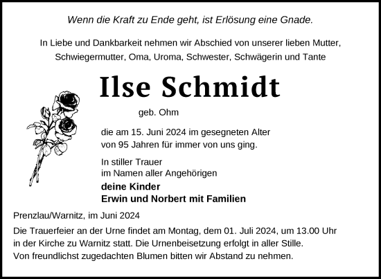 Traueranzeige von Ilse Schmidt von Uckermark Kurier Prenzlauer Zeitung