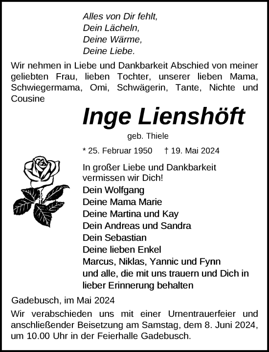 Traueranzeige von Inge Lienshöft 