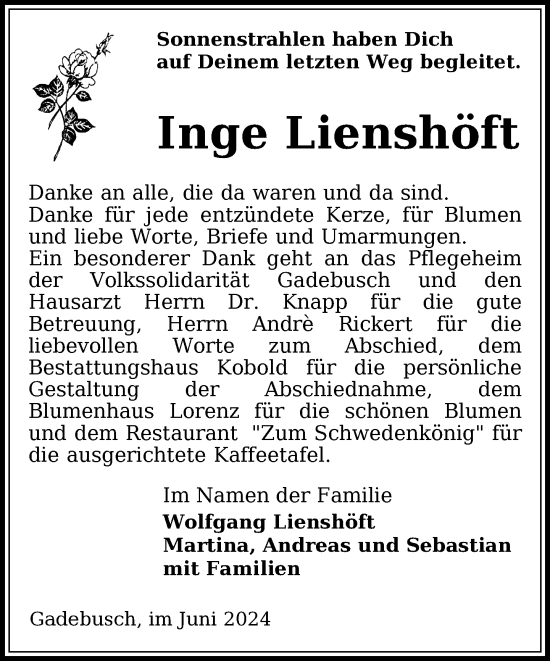 Traueranzeige von Inge Lienshöft von Gadebusch - Rehnaer Zeitung