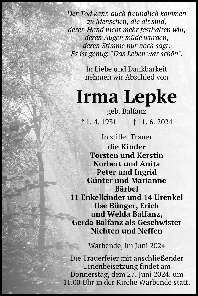  Traueranzeige für Irma Lepke vom 18.06.2024 aus Nordkurier Strelitzer Zeitung