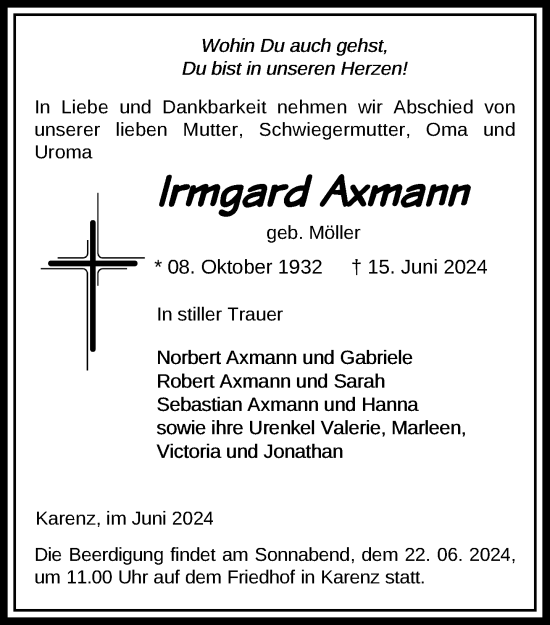 Traueranzeige von Irmgard Axmann von Ludwigsluster Tageblatt