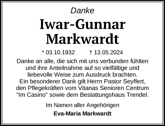 Traueranzeige von Iwar-Gunnar Markwardt 