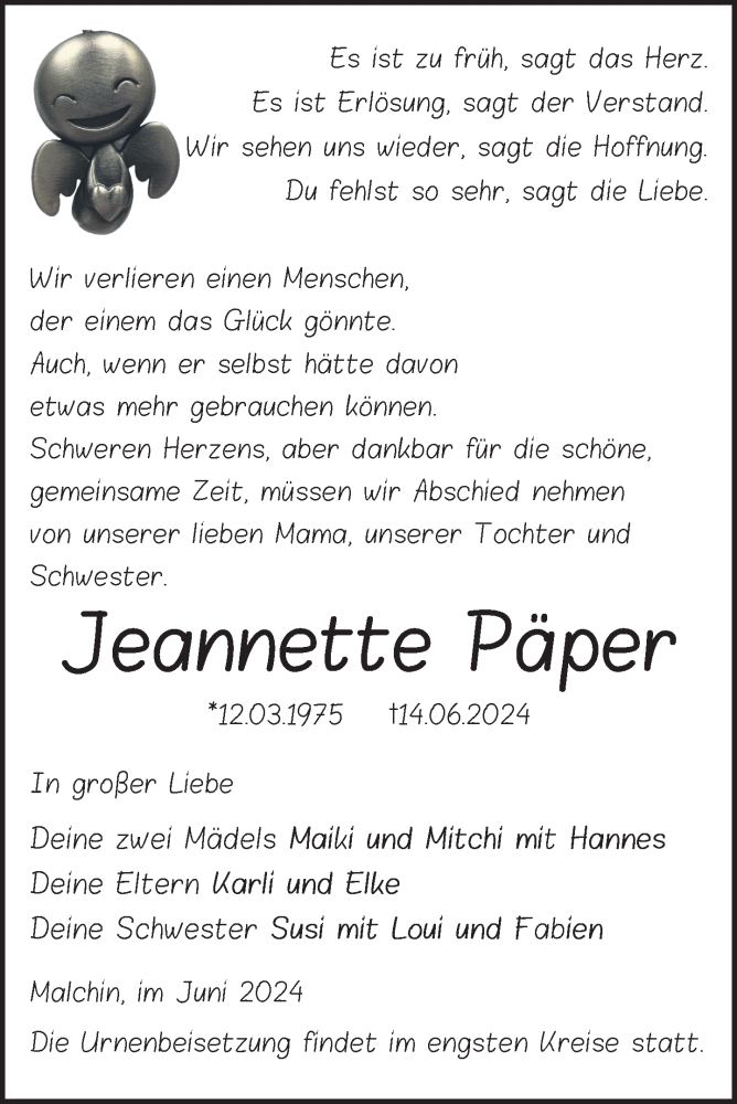  Traueranzeige für Jeannette Päper vom 28.06.2024 aus Nordkurier Mecklenburger Schweiz