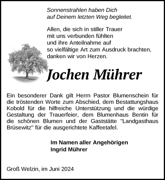 Traueranzeige von Jochen Mührer von Gadebusch - Rehnaer Zeitung