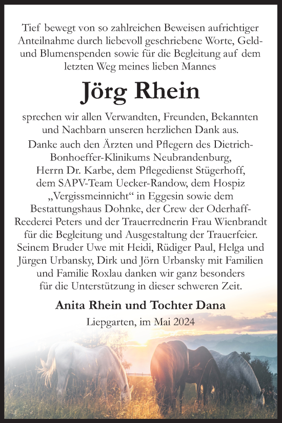 Traueranzeige von Jörg Rhein von Nordkurier Haff-Zeitung