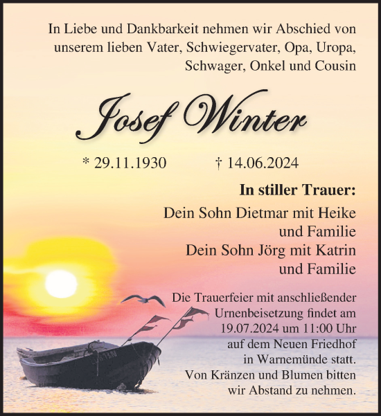 Traueranzeige von Josef Winter von Norddeutsche Neueste Nachrichten