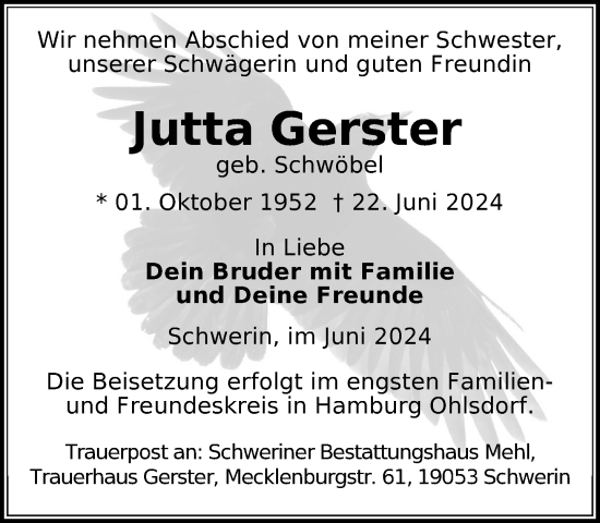 Traueranzeige von Jutta Gerster von Zeitung für die Landeshauptstadt