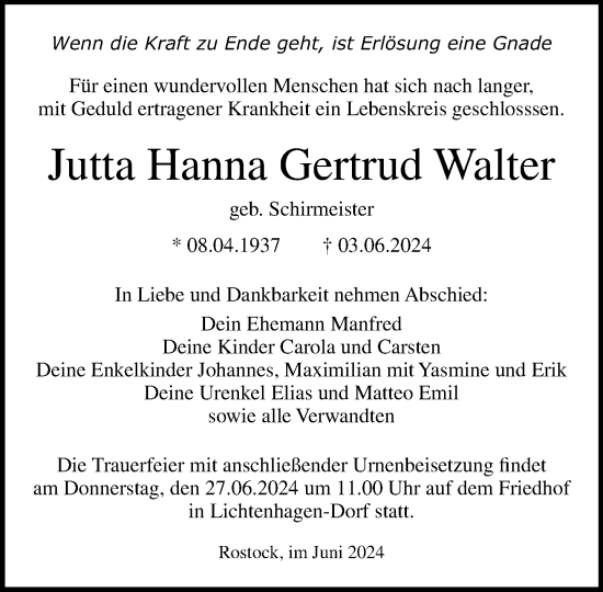 Traueranzeige von Jutta Hanna Gertrud Walter von Norddeutsche Neueste Nachrichten