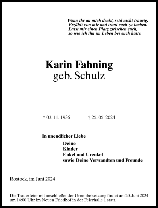 Traueranzeige von Karin Fahning 