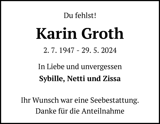 Traueranzeige von Karin Groth von Anzeiger für Sternberg - Brüel - Warin