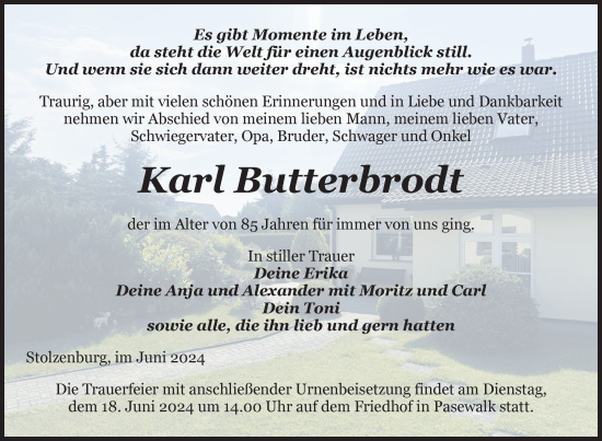 Traueranzeige von Karl Butterbrodt von Nordkurier Pasewalker Zeitung