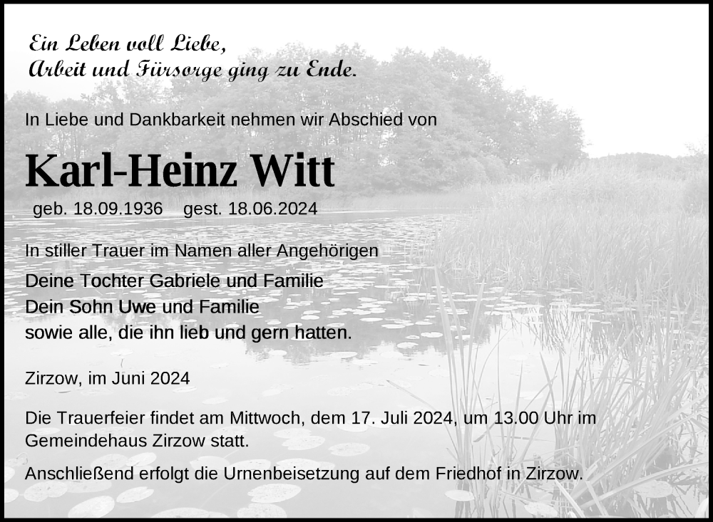  Traueranzeige für Karl-Heinz Witt vom 28.06.2024 aus Nordkurier Neubrandenburger Zeitung