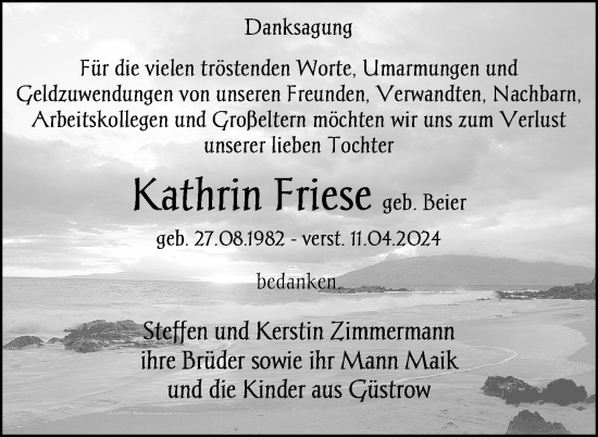 Traueranzeige von Kathrin Friese von Nordkurier Haff-Zeitung