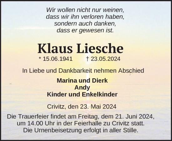 Traueranzeige von Klaus Liesche 