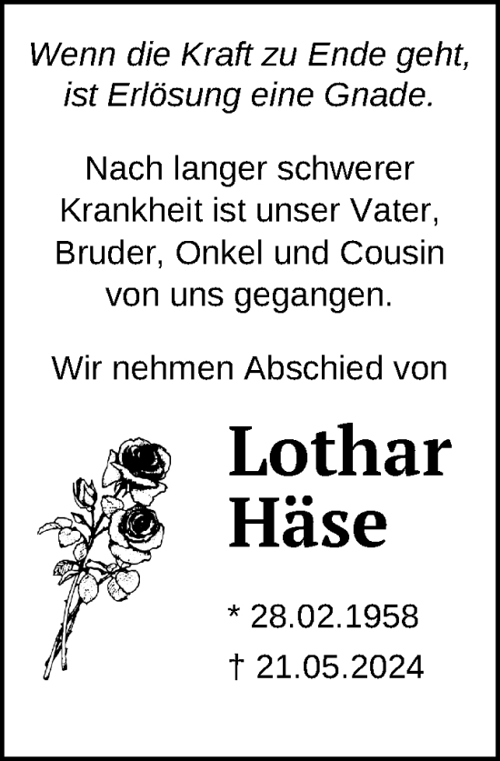 Traueranzeige von Lothar Häse von Nordkurier Neubrandenburger Zeitung