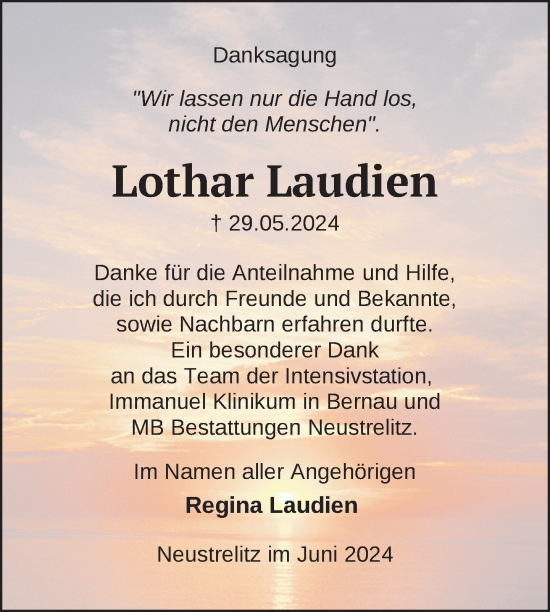 Traueranzeige von Lothar Laudien von Nordkurier Strelitzer Zeitung