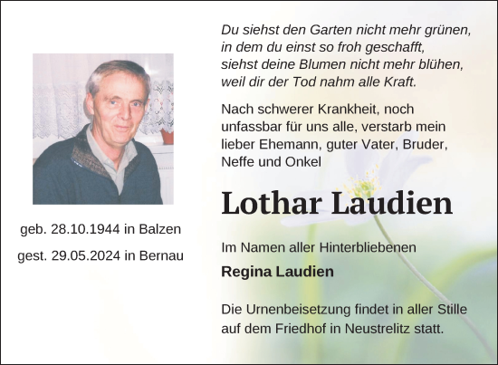 Traueranzeige von Lothar Laudien von Nordkurier Strelitzer Zeitung