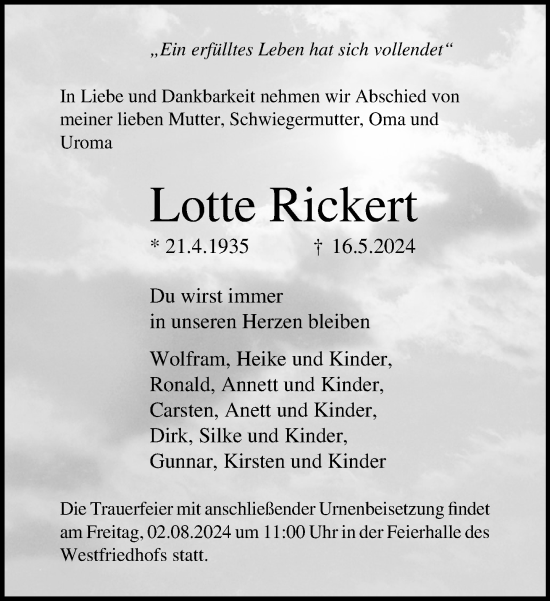 Traueranzeige von Lotte Rickert von Norddeutsche Neueste Nachrichten