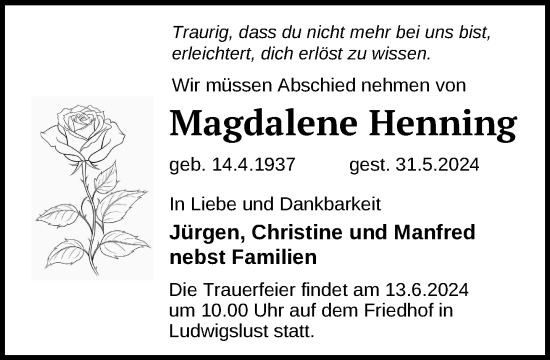 Traueranzeige von Magdalene Henning von Ludwigsluster Tageblatt