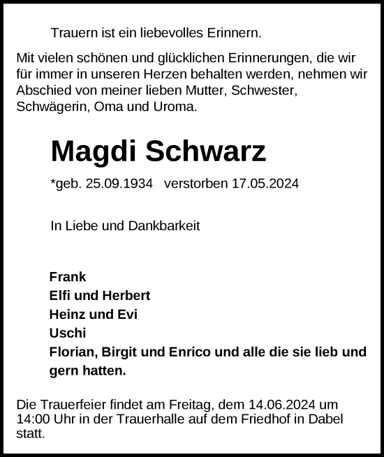 Traueranzeige von Magdi Schwarz 