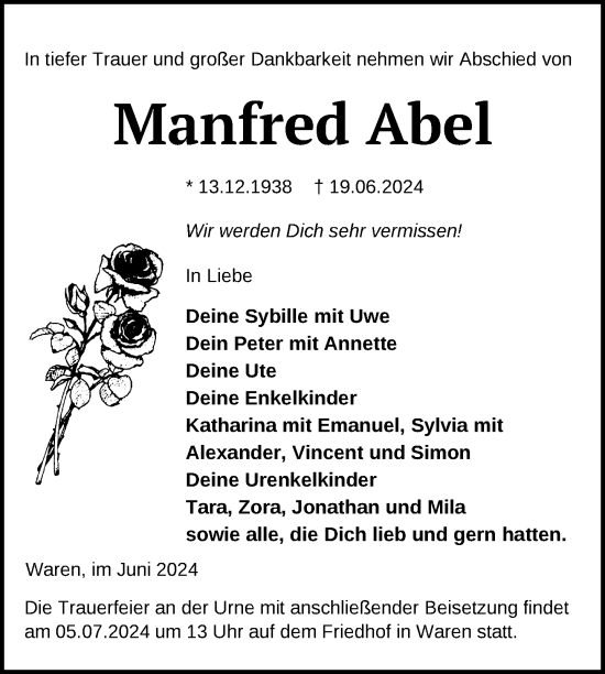 Traueranzeige von Manfred Abel von Nordkurier Müritz-Zeitung