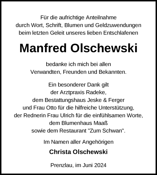 Traueranzeige von Manfred Olschewski von Uckermark Kurier Prenzlauer Zeitung