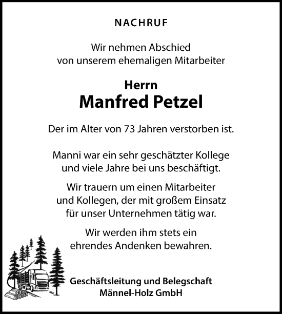 Traueranzeige von Manfred Petzel von Nordkurier Strelitzer Zeitung