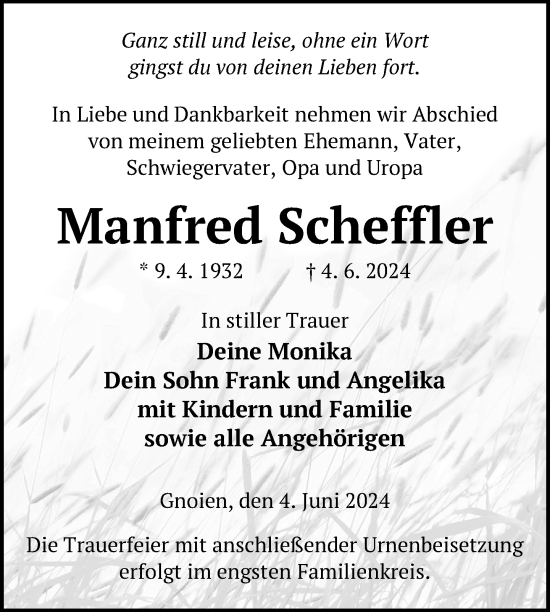 Traueranzeige von Manfred Scheffler von Nordkurier Mecklenburger Schweiz