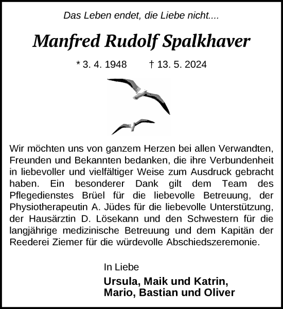 Traueranzeige von Manfred Spalkhaver von Anzeiger für Sternberg - Brüel - Warin