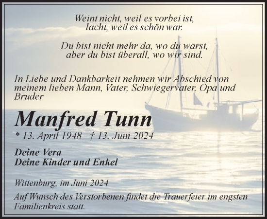 Traueranzeige von Manfred Tunn von Hagenower Kreisblatt