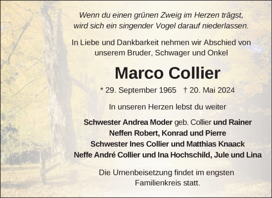 Traueranzeige von Marco Collier von Nordkurier Neubrandenburger Zeitung
