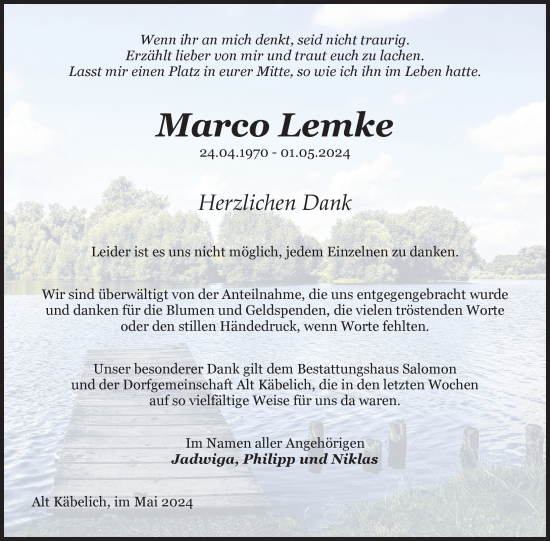 Traueranzeige von Marco Lemke von Nordkurier Neubrandenburger Zeitung