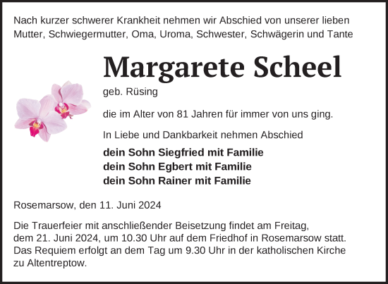 Traueranzeige von Margarete Scheel von Nordkurier Neubrandenburger Zeitung