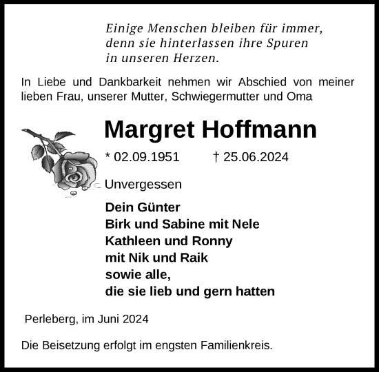 Traueranzeige von Margret Hoffmann von Der Prignitzer, Prignitz Express