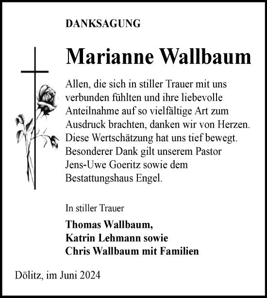 Traueranzeige von Marianne Wallbaum von Nordkurier Mecklenburger Schweiz