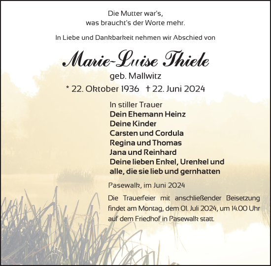 Traueranzeige von Marie-Luise Thiele von Nordkurier Pasewalker Zeitung