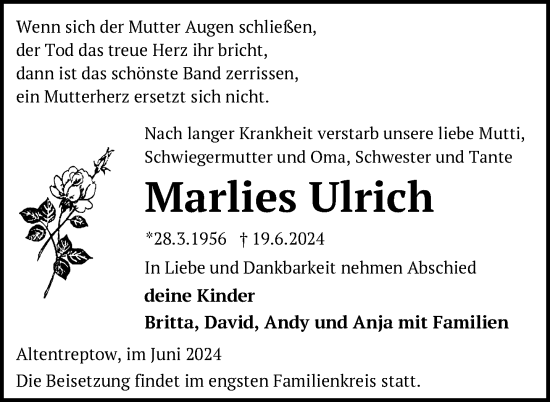 Traueranzeige von Marlies Ulrich von Nordkurier Neubrandenburger Zeitung