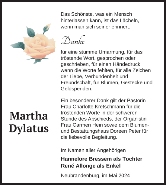 Traueranzeige von Martha Dylatus von Nordkurier Neubrandenburger Zeitung