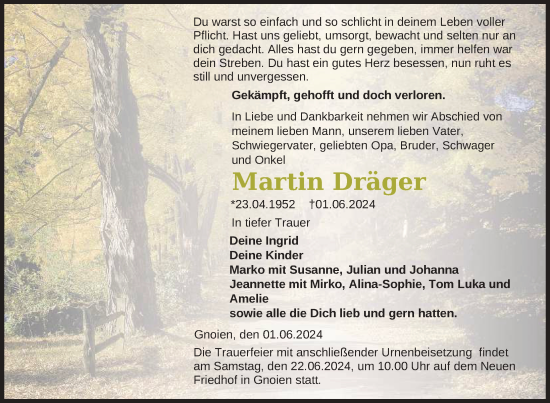 Traueranzeige von Martin Dräger von Nordkurier Mecklenburger Schweiz