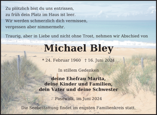 Traueranzeige von Michael Bley von Nordkurier Pasewalker Zeitung