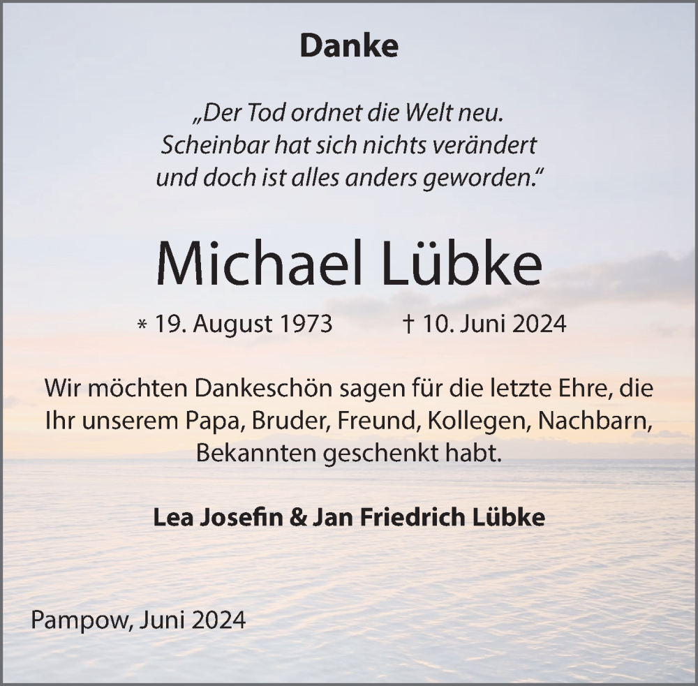  Traueranzeige für Michael Lübke vom 29.06.2024 aus Zeitung für die Landeshauptstadt