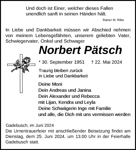 Traueranzeige von Norbert Pätsch von Gadebusch - Rehnaer Zeitung