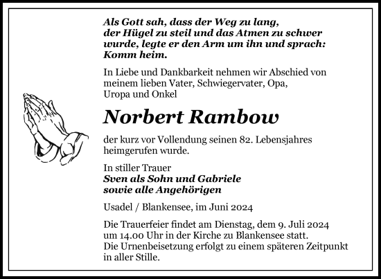 Traueranzeige von Norbert Rambow von Nordkurier Strelitzer Zeitung